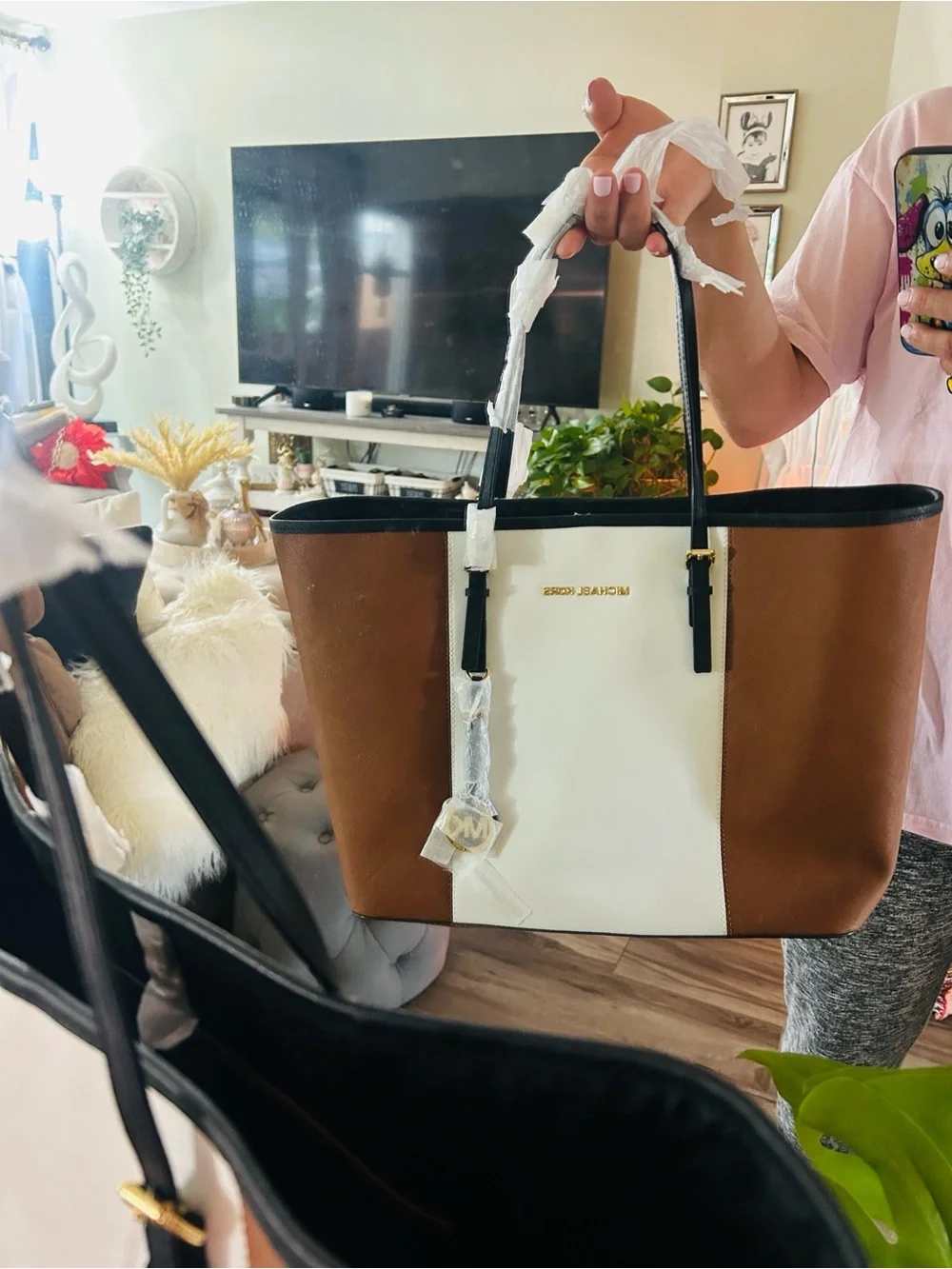 Michael Kors Two-Tone Saffiano Leather Tote in Brown, White and Black Trim